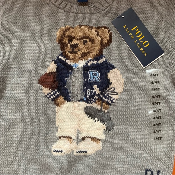 New! RALPH LAUREN Kids Football Bear Sweater - Picture 2 of 12